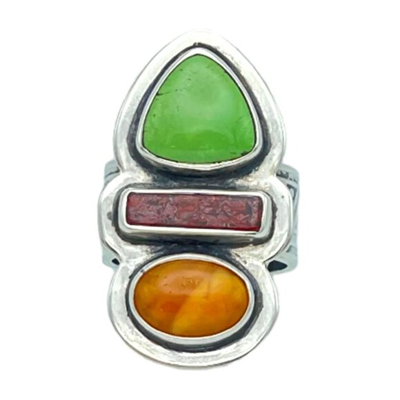 Tabra Jewelry 925 Sterling Silver Honey Amber Red Jasper & Green Turquoise Ring